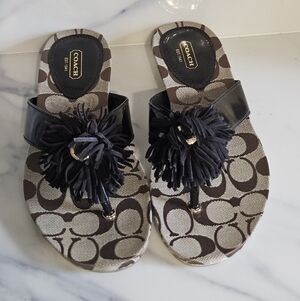Coach Brown Signature Canvas Thong Sandals with Black Pom Trim - Sz 9